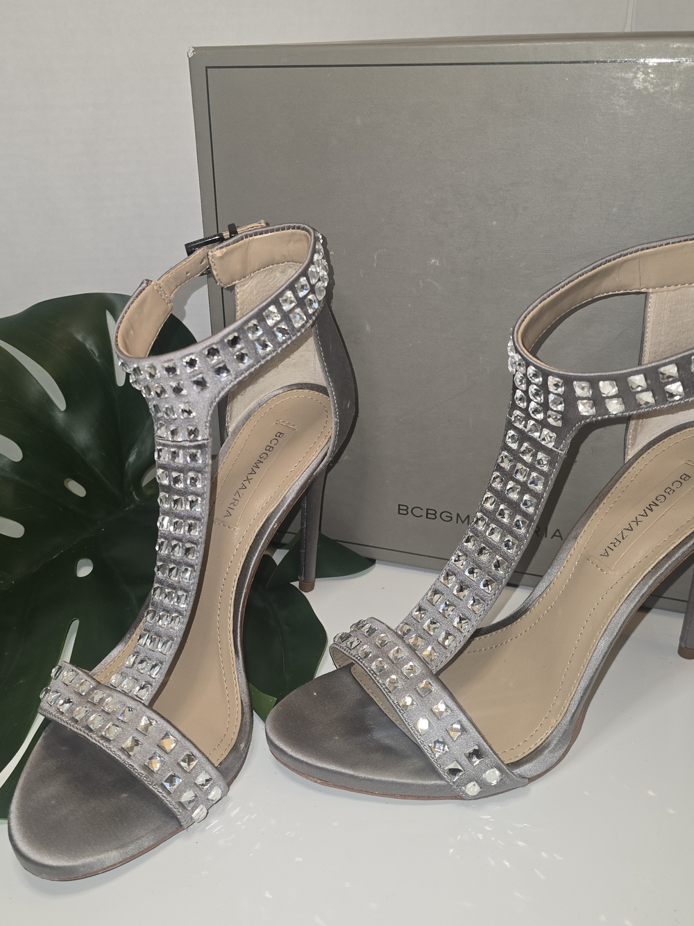 BCBGMaxAzria Silver Crystal T-Strap High Heel Sandals